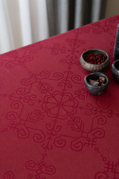 Red Linen-Cotton Tablecloth, Sun Mandala Pattern