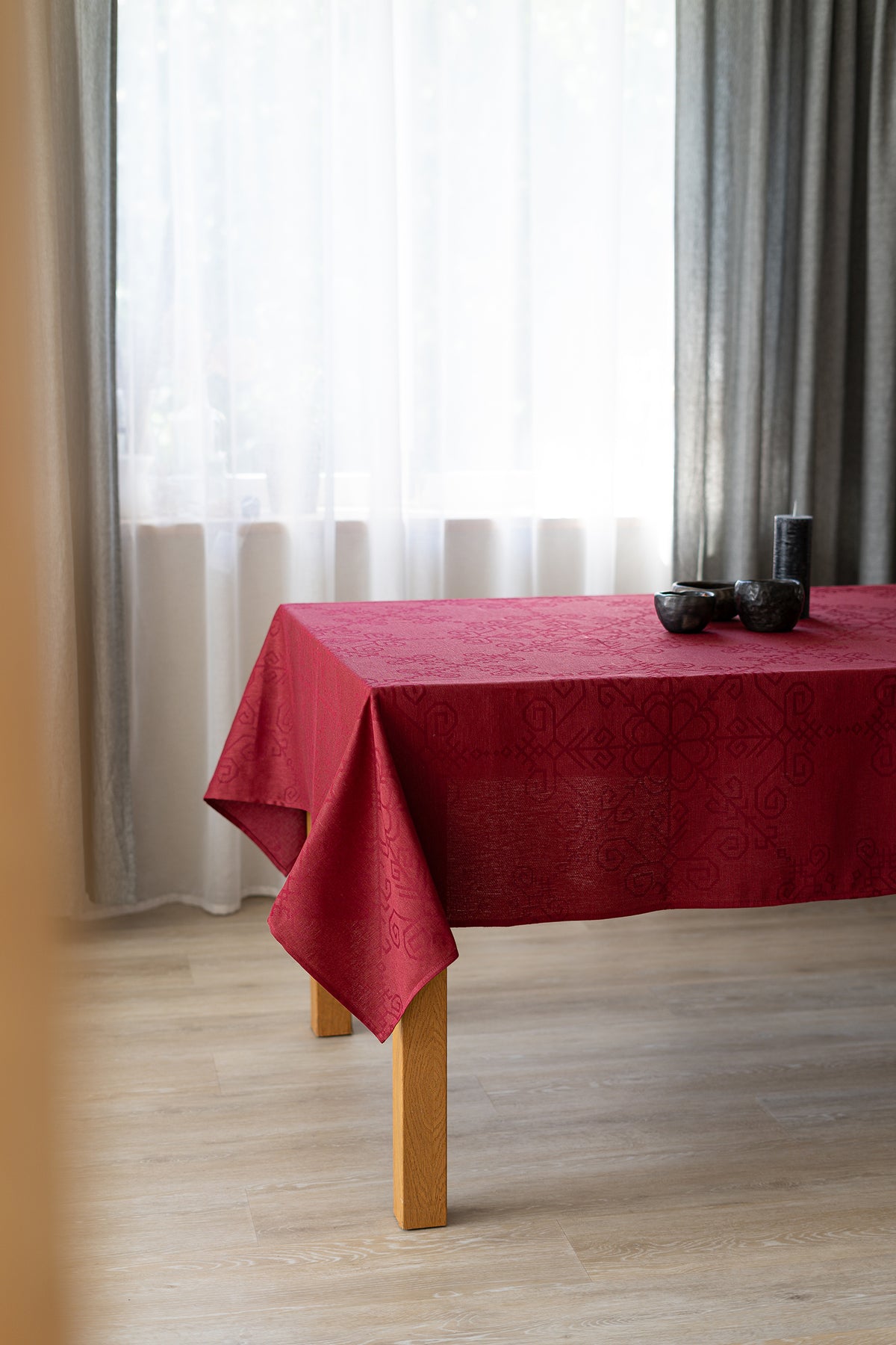 Red Linen-Cotton Tablecloth, Sun Mandala Pattern
