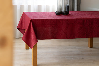 Red Linen-Cotton Tablecloth, Sun Mandala Pattern
